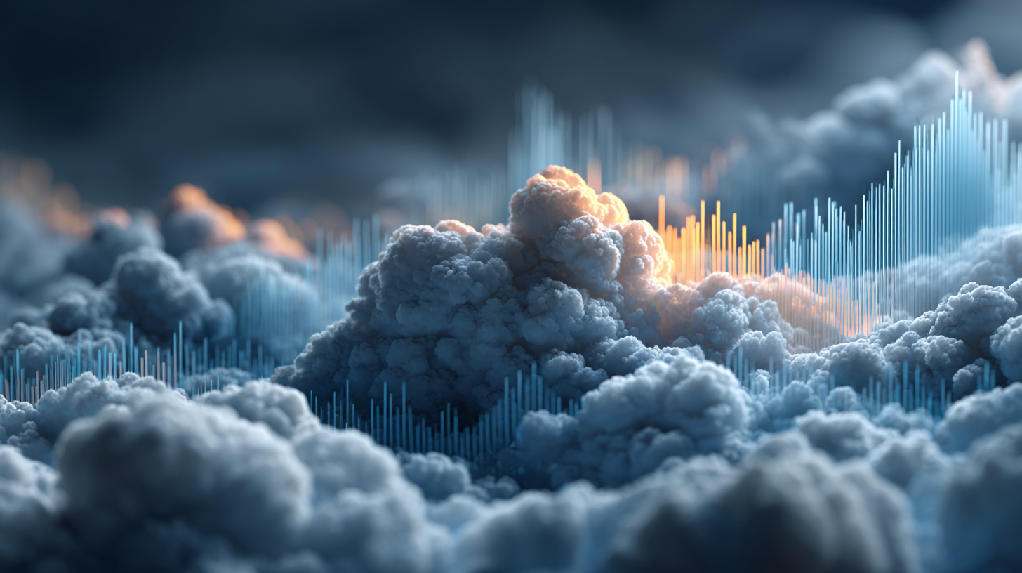 The image depicts a dramatic cloudscape illuminated by rays of light, resembling an abstract visualization of data with vertical lines suggesting graphs or digital metrics. The clouds appear layered and textured, creating a sense of depth and movement.