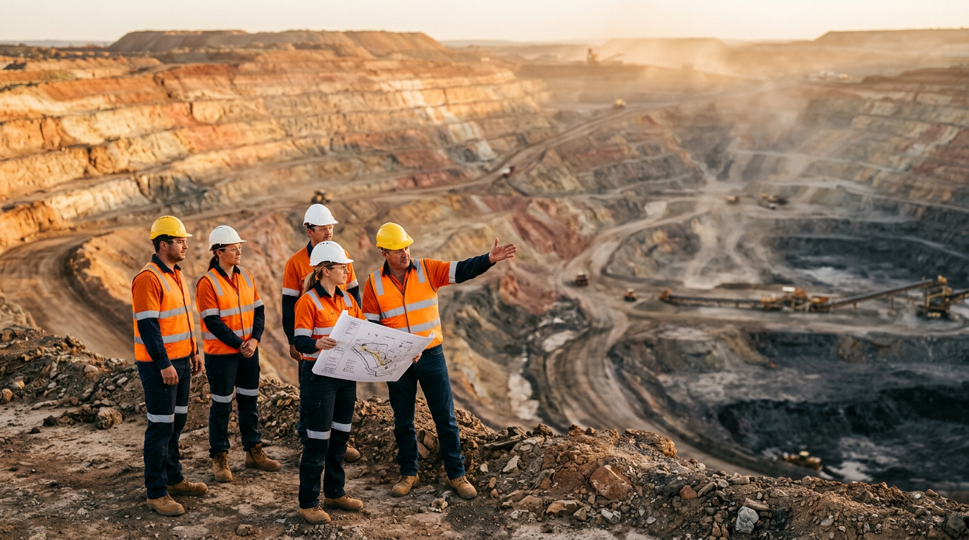 A group of five workers in safety gear, including helmets and high-visibility vests, gather at the edge of an open-pit mine. One worker points to a large map, indicating plans or operations within the mining site, while the others observe the surrounding landscape filled with heavy machinery.
