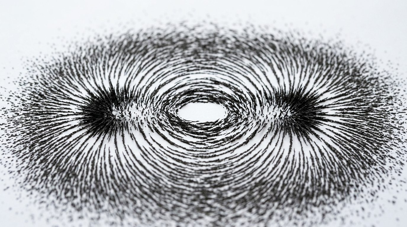 The image showcases iron filings arranged on a white surface, illustrating the classic dipole field pattern formed by an underlying magnet. The filings create dense, curved lines extending from two poles, with a central void where the magnetic field is too strong for the particles to settle, demonstrating the elegance of magnetism in a visually striking manner.