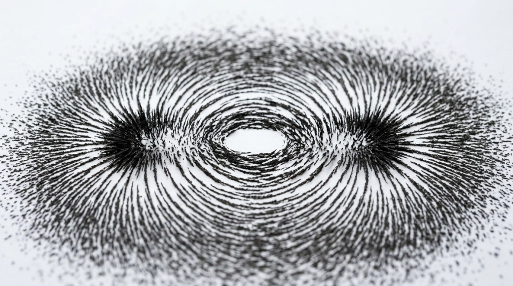 The image showcases iron filings arranged on a white surface, illustrating the classic dipole field pattern formed by an underlying magnet. The filings create dense, curved lines extending from two poles, with a central void where the magnetic field is too strong for the particles to settle, demonstrating the elegance of magnetism in a visually striking manner.