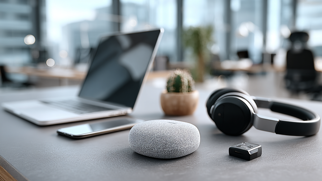 The image features a modern office desk setup that includes a laptop, a smartphone, a smart speaker, headphones, and a small plant. The background showcases a bright and airy office space with large windows and blurred office furniture.
