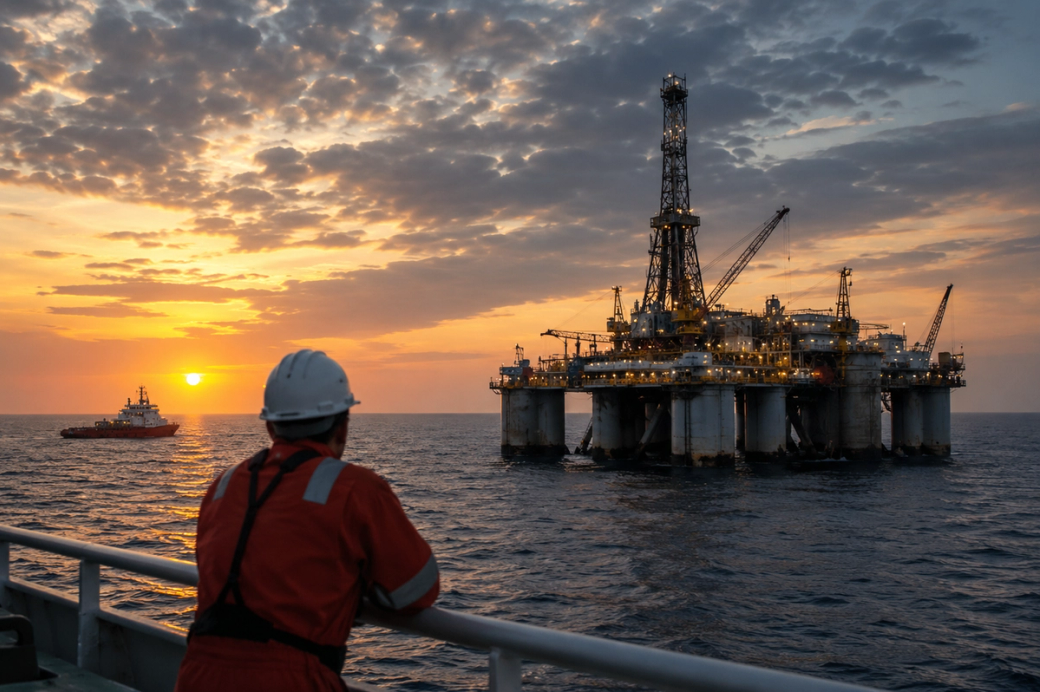 The image captures a worker observing an offshore oil rig at sunset. The scene highlights the expansive ocean and the industrial activities associated with oil extraction.