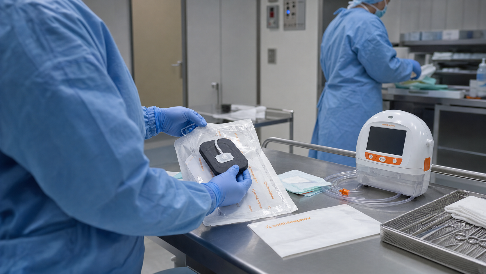 The image depicts a healthcare professional in a sterile environment handling a medical device packaged in a sealed bag. In the background, additional healthcare personnel are visible, indicating an active medical setting.