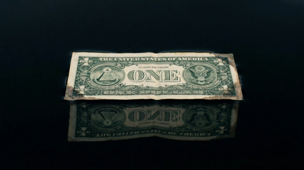 The image features a single US one dollar bill floating on a still, dark surface of water. The bill is centered and reflects softly beneath, creating a visual contrast between its bright, crisp appearance and the black, depthless water surrounding it. The edges of the bill show signs of absorption, hinting at deterioration over time.