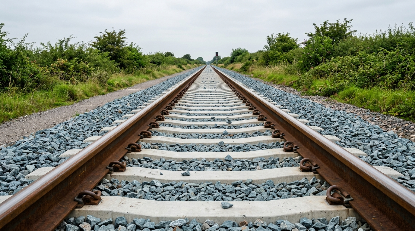 The image captures a low-angle view of twin railway tracks receding into the distance, framed by a neat arrangement of pre-stressed concrete sleepers and angular granite ballast. The polished steel rails glisten against the muted green of the surrounding vegetation under an overcast sky, evoking the serene yet industrial atmosphere characteristic of the British railway system.