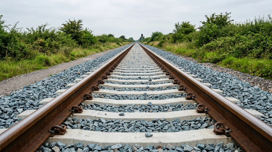 The image captures a low-angle view of twin railway tracks receding into the distance, framed by a neat arrangement of pre-stressed concrete sleepers and angular granite ballast. The polished steel rails glisten against the muted green of the surrounding vegetation under an overcast sky, evoking the serene yet industrial atmosphere characteristic of the British railway system.