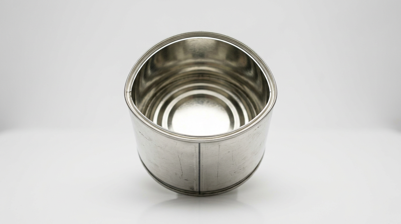 The image features a solitary empty tin can positioned upright on a white surface, with its open lid facing the camera. The interior is bright and reflective, capturing light and creating a glowing pool at the base, while the unmarked exterior shows fine scratches, highlighting the tinplate material's industrial and cultural significance.