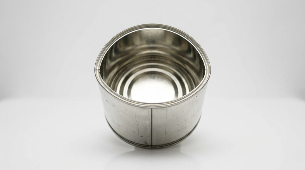 The image features a solitary empty tin can positioned upright on a white surface, with its open lid facing the camera. The interior is bright and reflective, capturing light and creating a glowing pool at the base, while the unmarked exterior shows fine scratches, highlighting the tinplate material's industrial and cultural significance.
