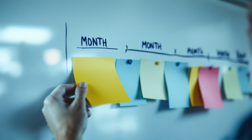 The image captures a hand moving a pastel sticky note across a whiteboard timeline, transitioning it from one 'MONTH' column to another. The surface shows faint traces of dry-wipe marker and other sticky notes in varying positions, suggesting the ongoing process of adjusting plans and deadlines in a corporate environment.