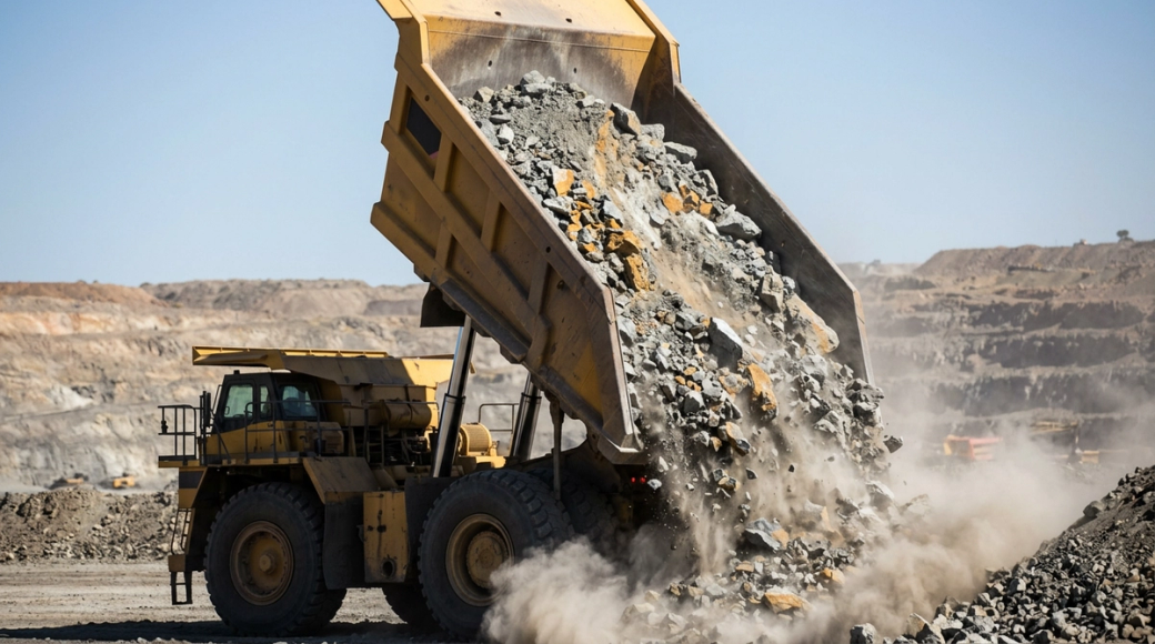 An industrial haul truck is seen tipping its load, with a cascade of grey and ochre rock tumbling out from the raised tray. Dust billows upward as the blasted ore impacts the ground, showcasing the dynamic force of the mining operation under bright sunlight and contrasting hard shadows.