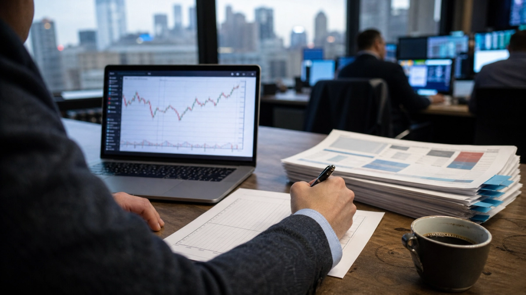 The image shows a person engaged in financial analysis at a workspace, with a laptop displaying a stock market graph and printed reports stacked nearby. In the background, other professionals are working in a finance-related environment.