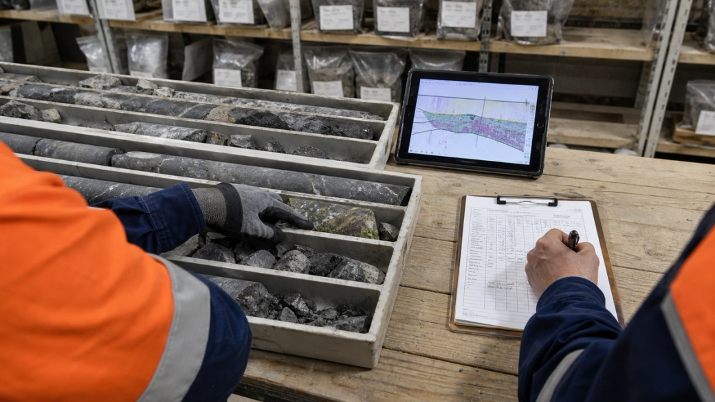 The image depicts two workers analyzing geological samples in a laboratory setting. One worker is examining core samples while the other is taking notes on a clipboard, with a digital tablet displaying geological mapping in the background.