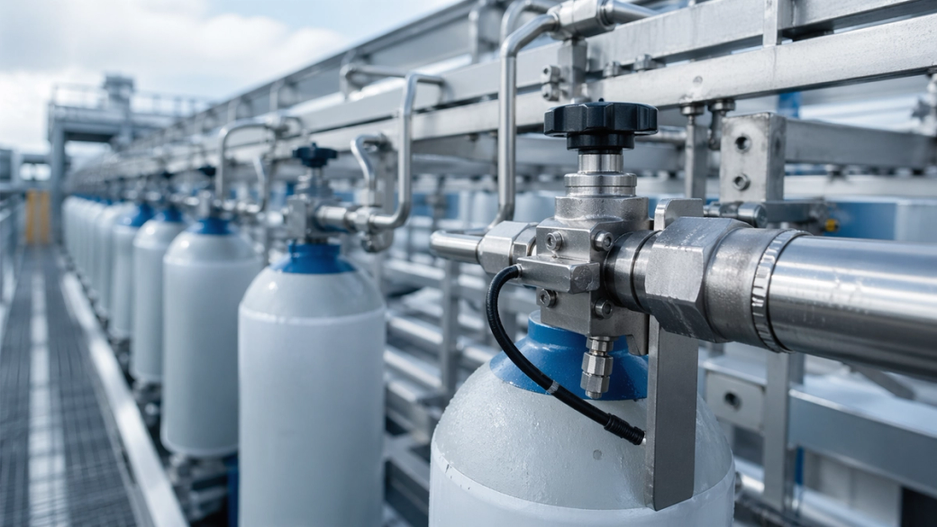 The image showcases a close-up view of industrial gas cylinders lined up in a manufacturing facility, highlighting the intricate piping and valves used in the process. The setting reflects a clean and modern environment, typical of industries dealing with gaseous materials.