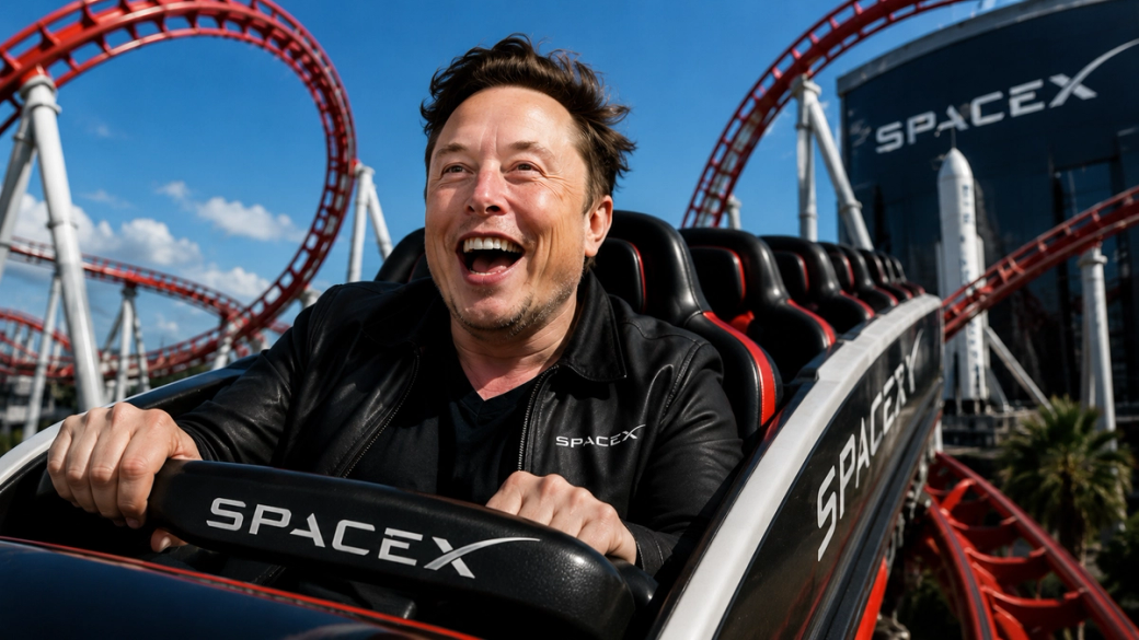 The image shows a joyful man riding a roller coaster, with red roller coaster tracks visible in the background. The backdrop features a large structure branded with the SpaceX logo, reinforcing the connection to the aerospace company and its founder, Elon Musk.