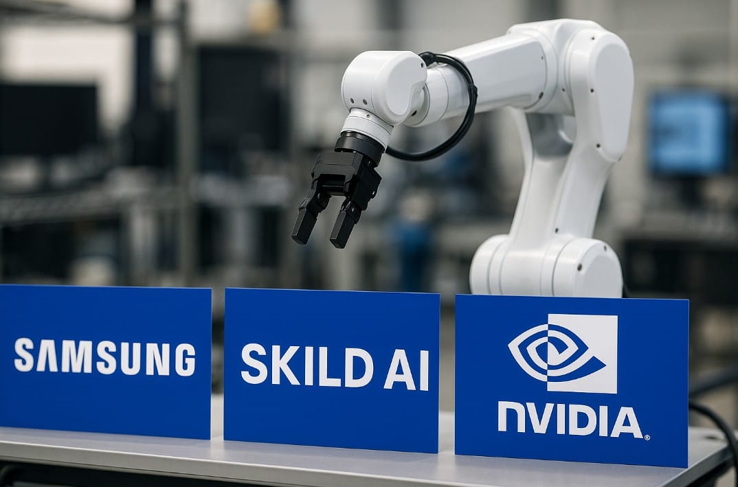 The image features a robotic arm positioned in a tech environment with signage for Samsung, Skild AI, and Nvidia. The setup suggests a focus on advanced technology and automation in a professional context.