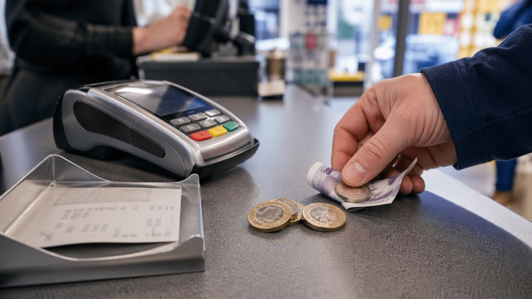 The image shows a person making a payment at a retail checkout counter. The customer is handing over a banknote while some coins are placed on the counter next to a payment terminal.