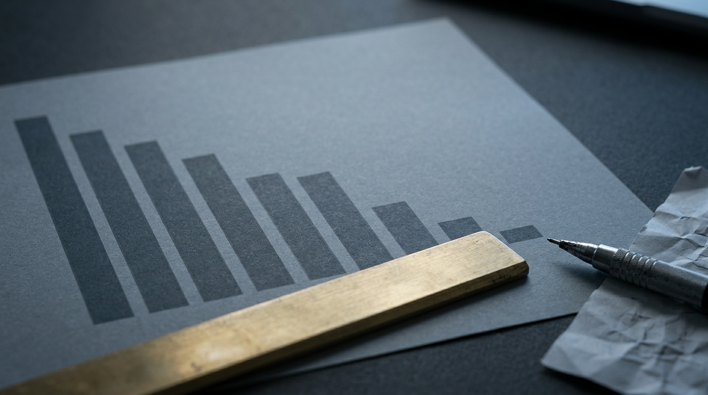 The image shows a printed bar chart laid flat on a matte charcoal surface, displaying a descending trend with vertical bars gradually decreasing in height from left to right. A brass ruler is positioned diagonally across the lower third of the chart, and a mechanical pencil rests on a crumpled draft, suggestive of a work in progress.