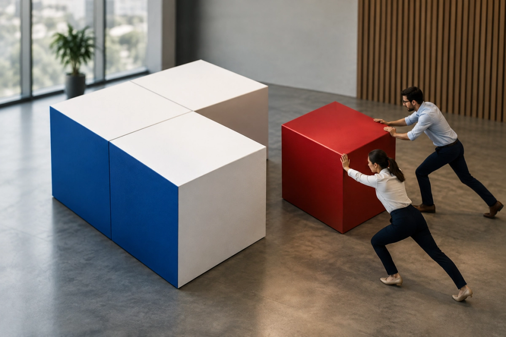 The image shows two individuals in a modern office space pushing large geometric blocks of different colors. One block is red, while others are blue and white. The setting appears to be a collaborative workspace designed for creative activities.