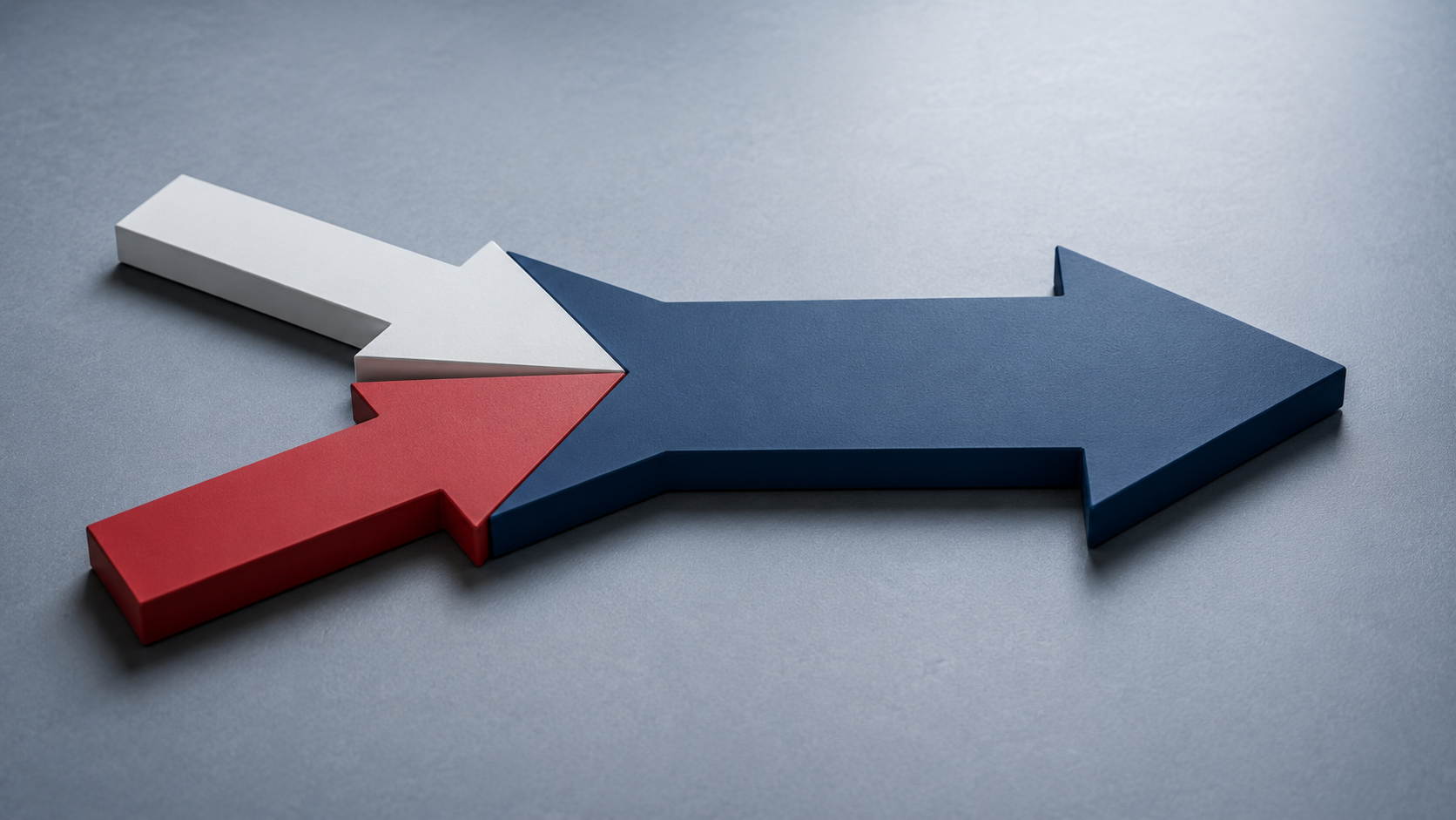 The image features three arrows made of colored materials arranged on a gray background. The arrows point in different directions, with one in red, one in white, and one in blue, depicting choices or pathways.