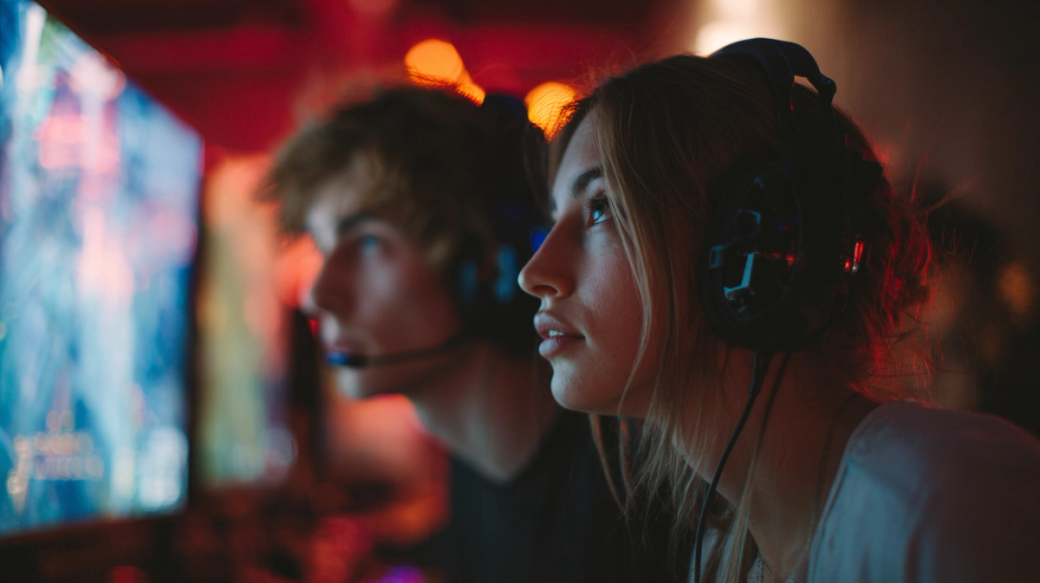 Two young individuals are intensely focused on gaming, wearing headsets in a dimly lit environment that features colorful lighting from computer screens. The scene captures the excitement and concentration typical of a competitive gaming setting.