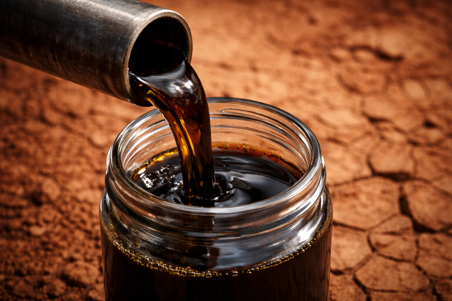 An industrial scene depicting liquid oil being poured from a metal pipe into a glass jar. The background features a textured, cracked earth surface, suggesting a dry environment associated with resource extraction.