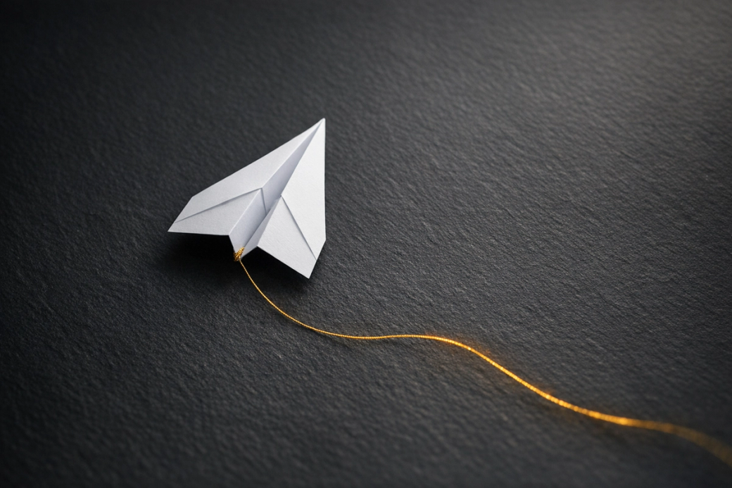The image features a paper airplane crafted from white paper, positioned on a dark textured surface. A thin, golden thread is attached to the airplane, suggesting an artistic or conceptual theme related to flight or communication.