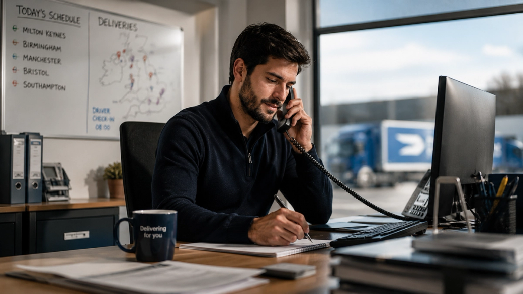 The image depicts a man engaged in a phone conversation while taking notes at his desk in an office environment. The backdrop shows a whiteboard with delivery schedules and trucks visible through a large window.