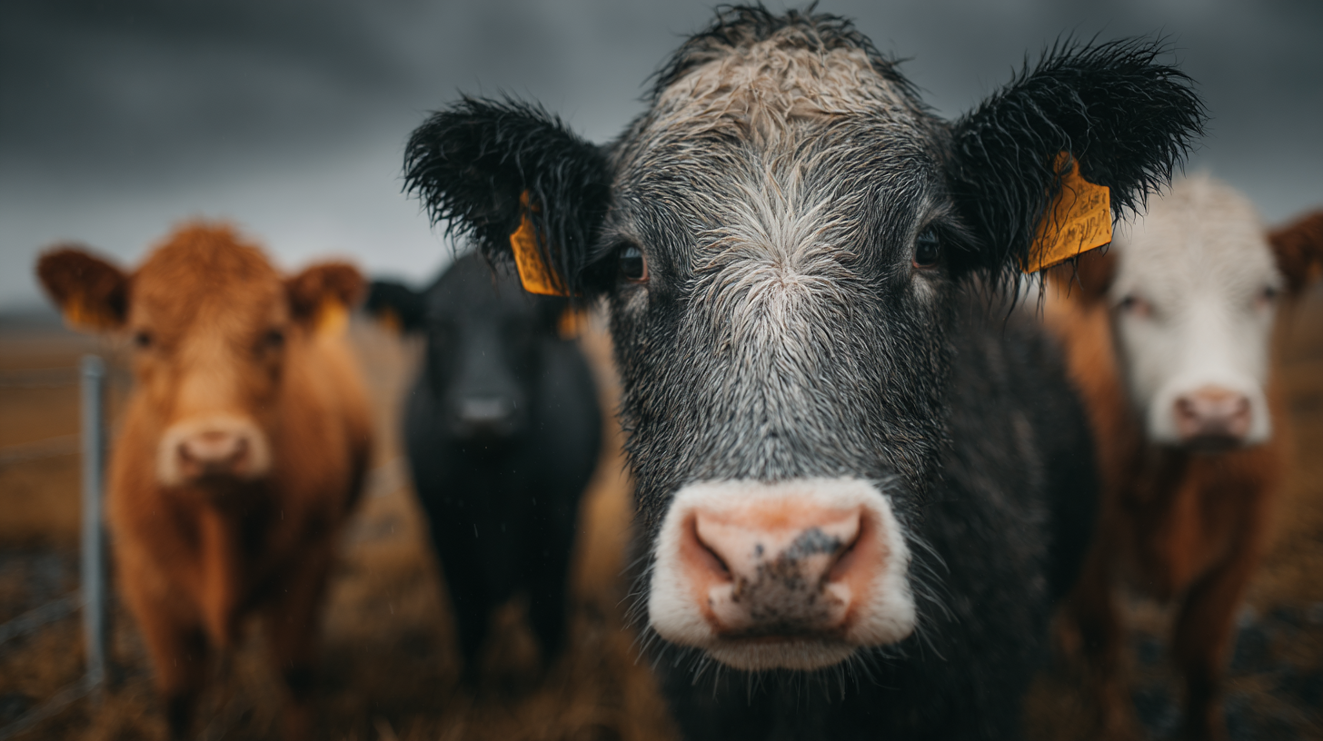 A close-up image of a black and white cow in the foreground, with other cows of varying colors blurred in the background. The setting appears to be a rural farm during overcast weather.
