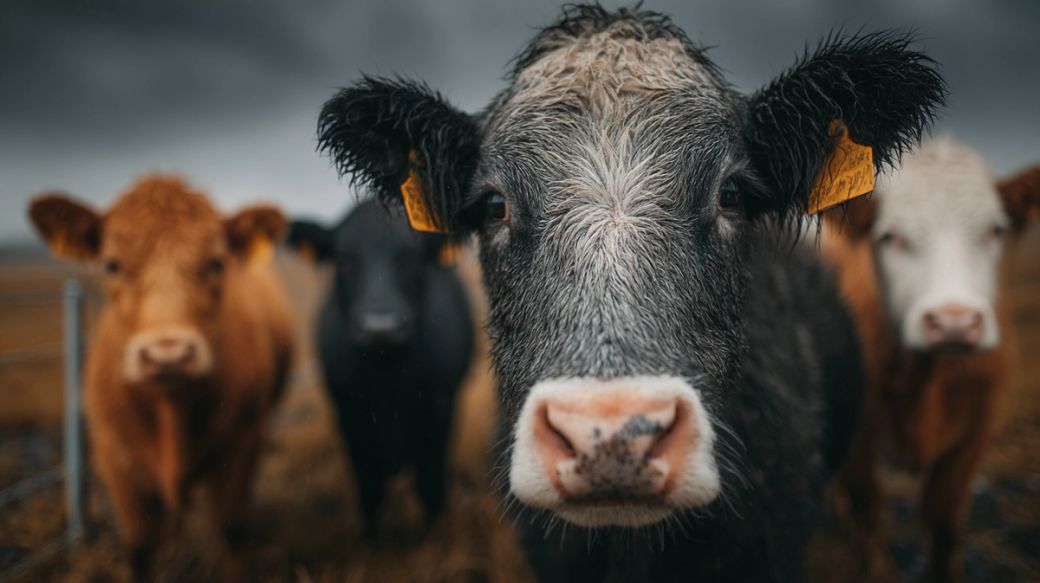 A close-up image of a black and white cow in the foreground, with other cows of varying colors blurred in the background. The setting appears to be a rural farm during overcast weather.