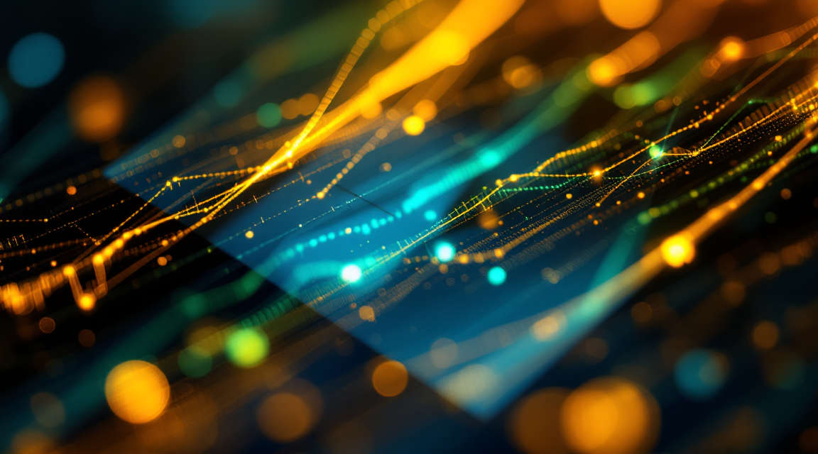 An abstract representation of digital data flow with vibrant lines and orbs of light in shades of blue, orange, and green. The image conveys a sense of movement and connectivity, typical of technology graphics.