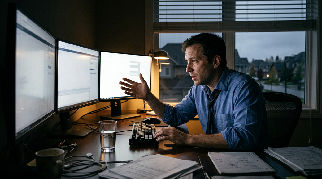 The image depicts a retail day trader in a dimly lit home office, deeply engaged in analyzing data across three monitors. Gesturing emphatically, he appears to discuss real-time trading activity amidst a cluttered yet clean workspace, with personal items and a glass of water nearby. The setting reflects the intensity of earnings season and the focus required for night trading, with the monitor screens providing the only light in the dark room.