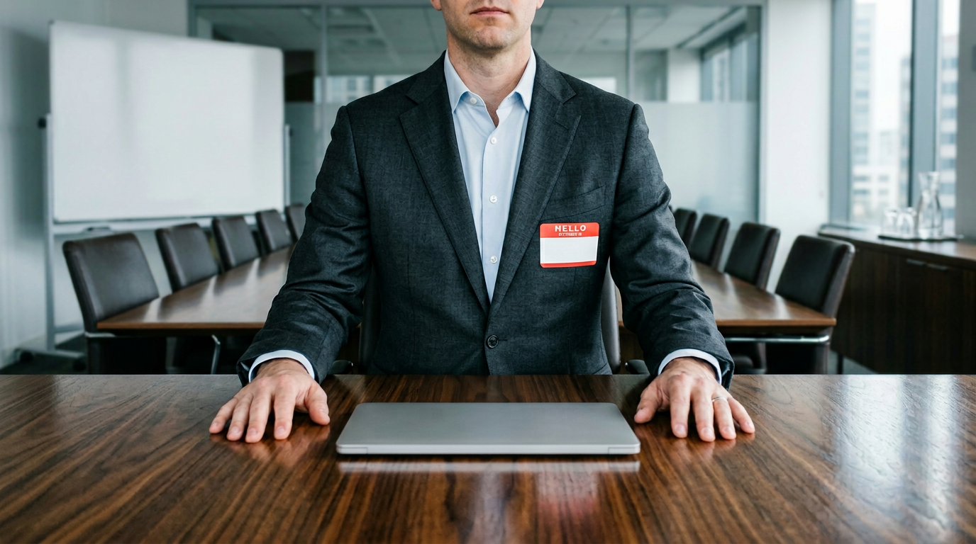 The image depicts a man dressed in a dark grey suit and pale blue shirt, seated at the head of a clean, empty boardroom table. His hands are placed flat on the table in front of a closed laptop, and he wears a blank 'HELLO, MY NAME IS' sticker on his chest, emphasizing a theme of anonymity in a professional setting.