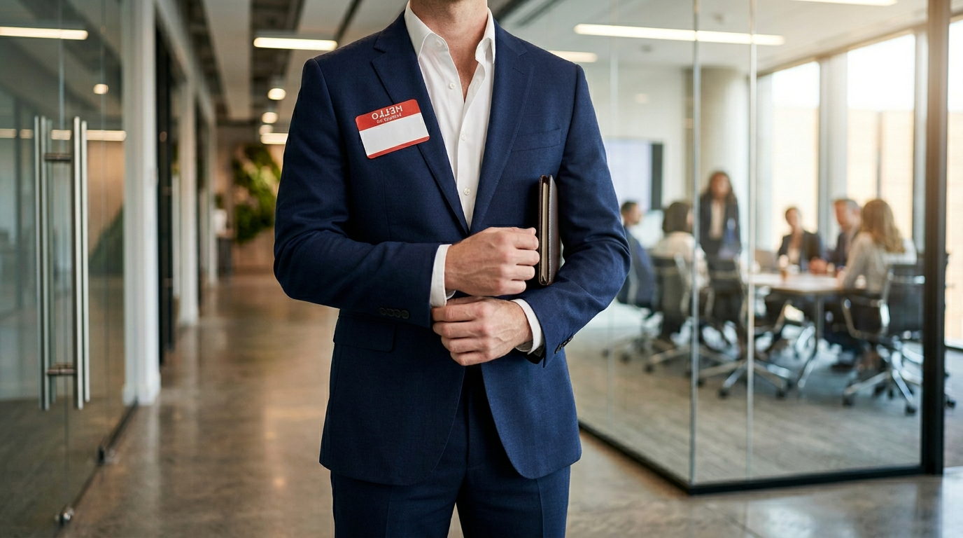 The image features a man dressed in a dark navy suit and a white open-collar shirt, standing in a sleek, modern corporate corridor. He wears a 'HELLO, MY NAME IS' sticker on his left lapel, indicating a formal introduction, while one hand adjusts his cuff and the other holds a slim leather portfolio, suggesting a professional environment. Behind him, bright glass walls showcase a meeting room with blurred figures, creating a sense of anticipation for his entry into this corporate space.