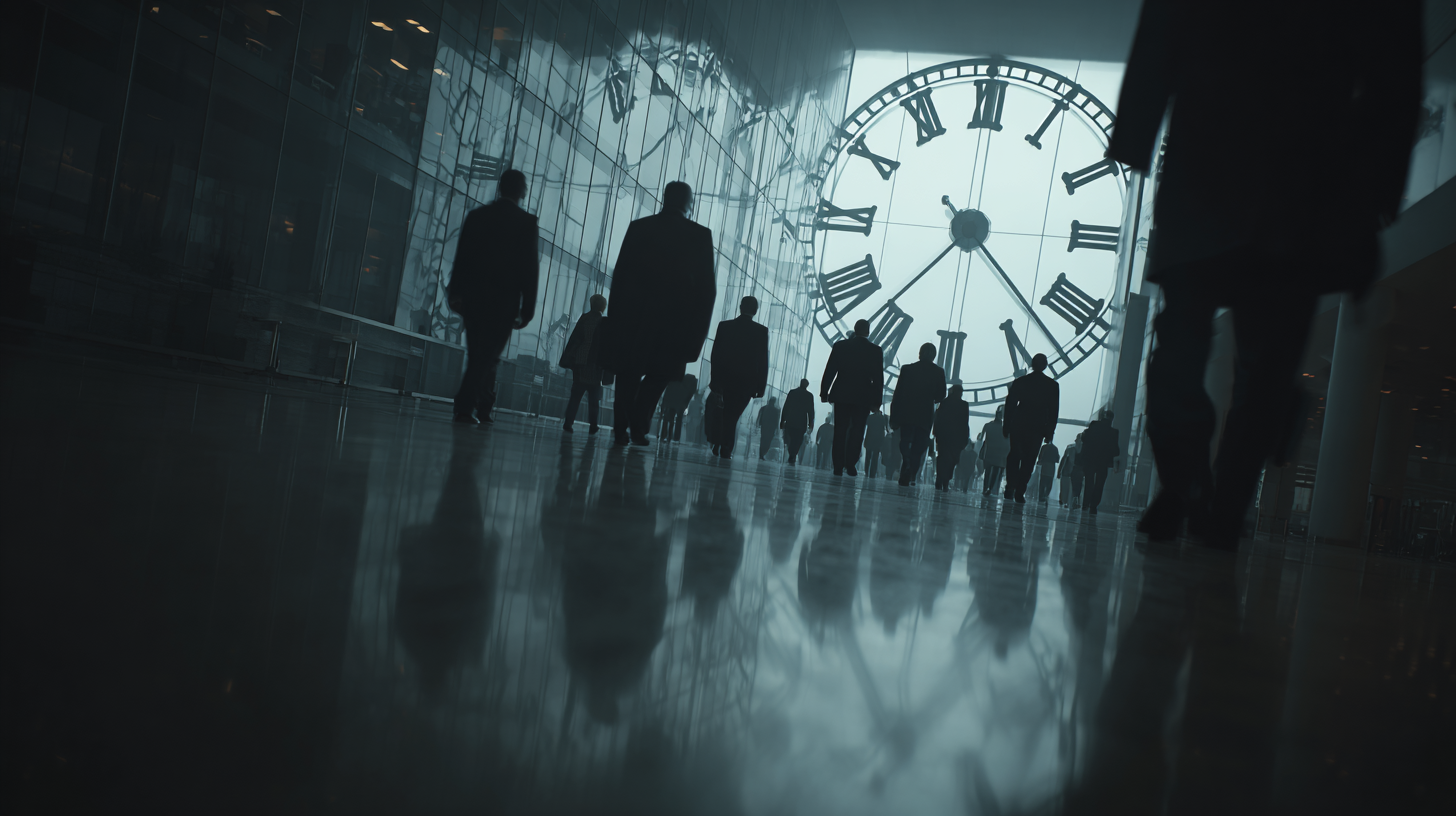 A group of business professionals walks through a modern urban space characterized by a large clock prominently displayed in the background. The setting is filled with reflections on a polished floor, suggesting a busy environment.