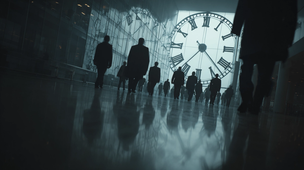A group of business professionals walks through a modern urban space characterized by a large clock prominently displayed in the background. The setting is filled with reflections on a polished floor, suggesting a busy environment.