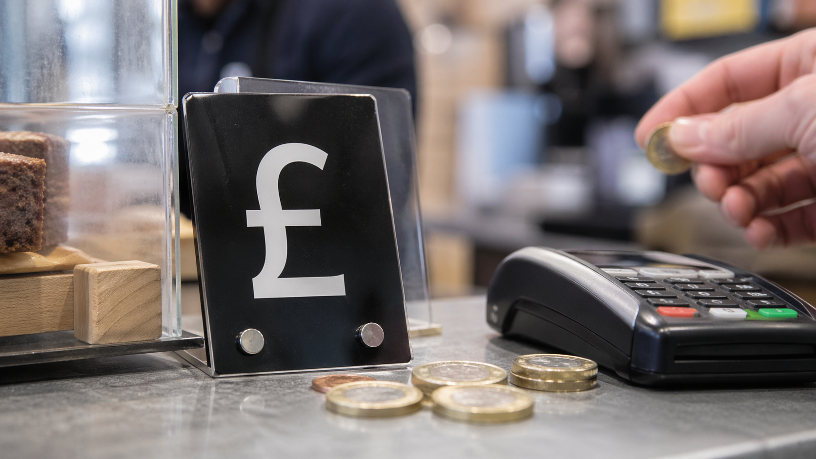 The image shows a close-up of a payment terminal at a retail counter with British pound coins scattered nearby. A hand is reaching for one of the coins while a display board with the pound symbol is prominently featured.