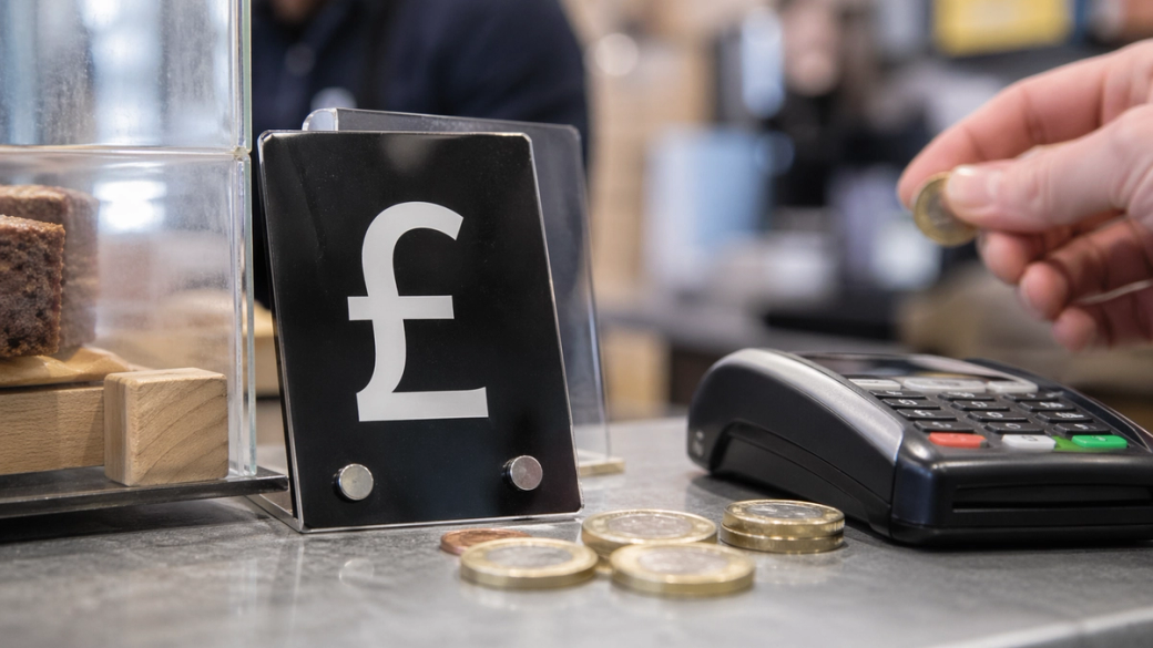 The image shows a close-up of a payment terminal at a retail counter with British pound coins scattered nearby. A hand is reaching for one of the coins while a display board with the pound symbol is prominently featured.