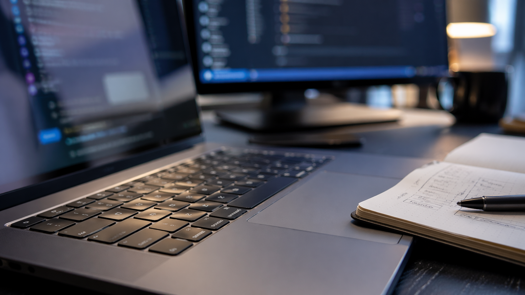 The image showcases a modern workspace featuring a laptop and a secondary monitor displaying various digital applications. A notebook with handwritten notes and a pen is positioned prominently, suggesting a focus on productivity and technology.