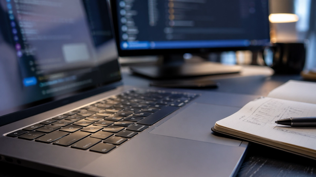 The image showcases a modern workspace featuring a laptop and a secondary monitor displaying various digital applications. A notebook with handwritten notes and a pen is positioned prominently, suggesting a focus on productivity and technology.