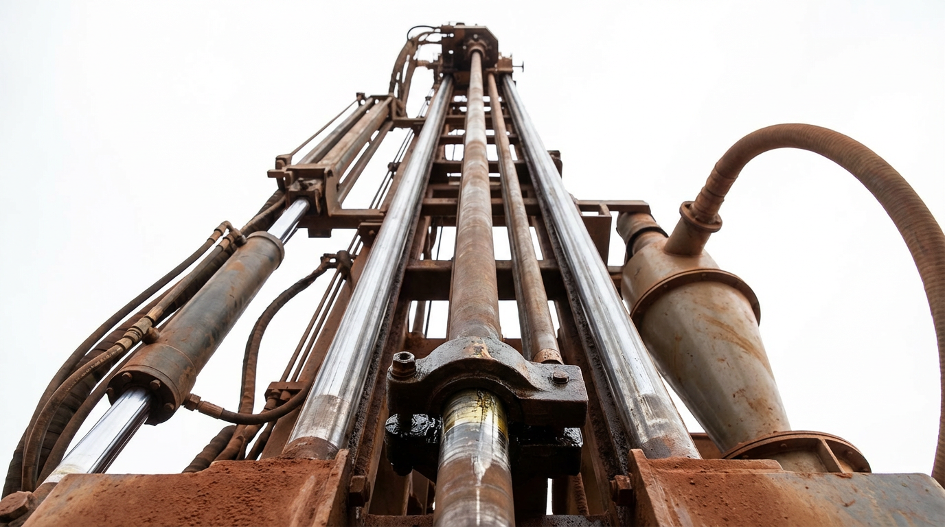The image showcases a ground-level view of a reverse circulation drill rig, emphasizing its hydraulic mast reaching upward against a pale sky. The drill rods and hydraulic hoses are prominently arranged, creating an imposing perspective as they converge towards the top, with red laterite dust visible on the lower sections.