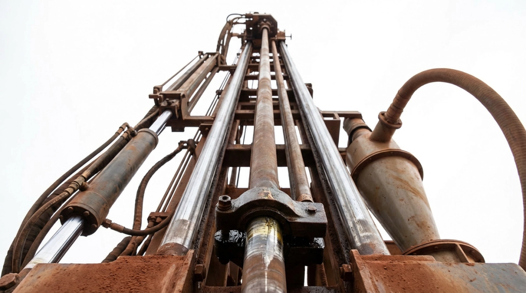 The image showcases a ground-level view of a reverse circulation drill rig, emphasizing its hydraulic mast reaching upward against a pale sky. The drill rods and hydraulic hoses are prominently arranged, creating an imposing perspective as they converge towards the top, with red laterite dust visible on the lower sections.