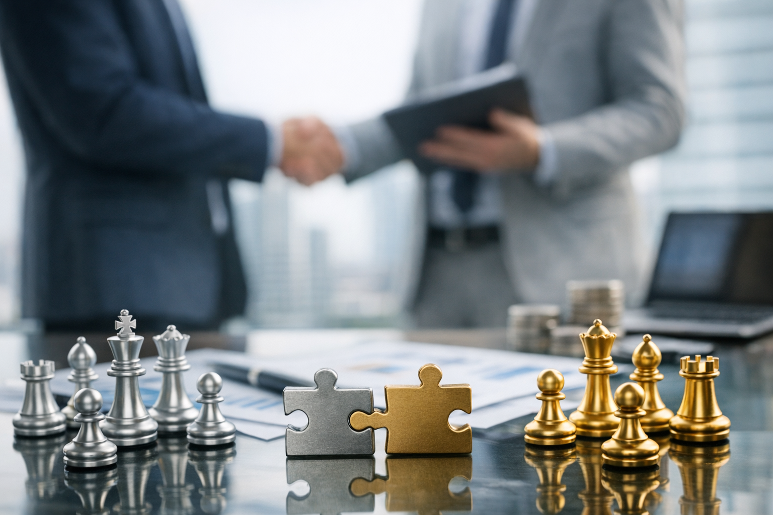 The image depicts two business professionals shaking hands in a modern office setting, symbolizing partnership or agreement. In the foreground, chess pieces and puzzle pieces are arranged on a reflective surface, suggesting strategy and collaboration.
