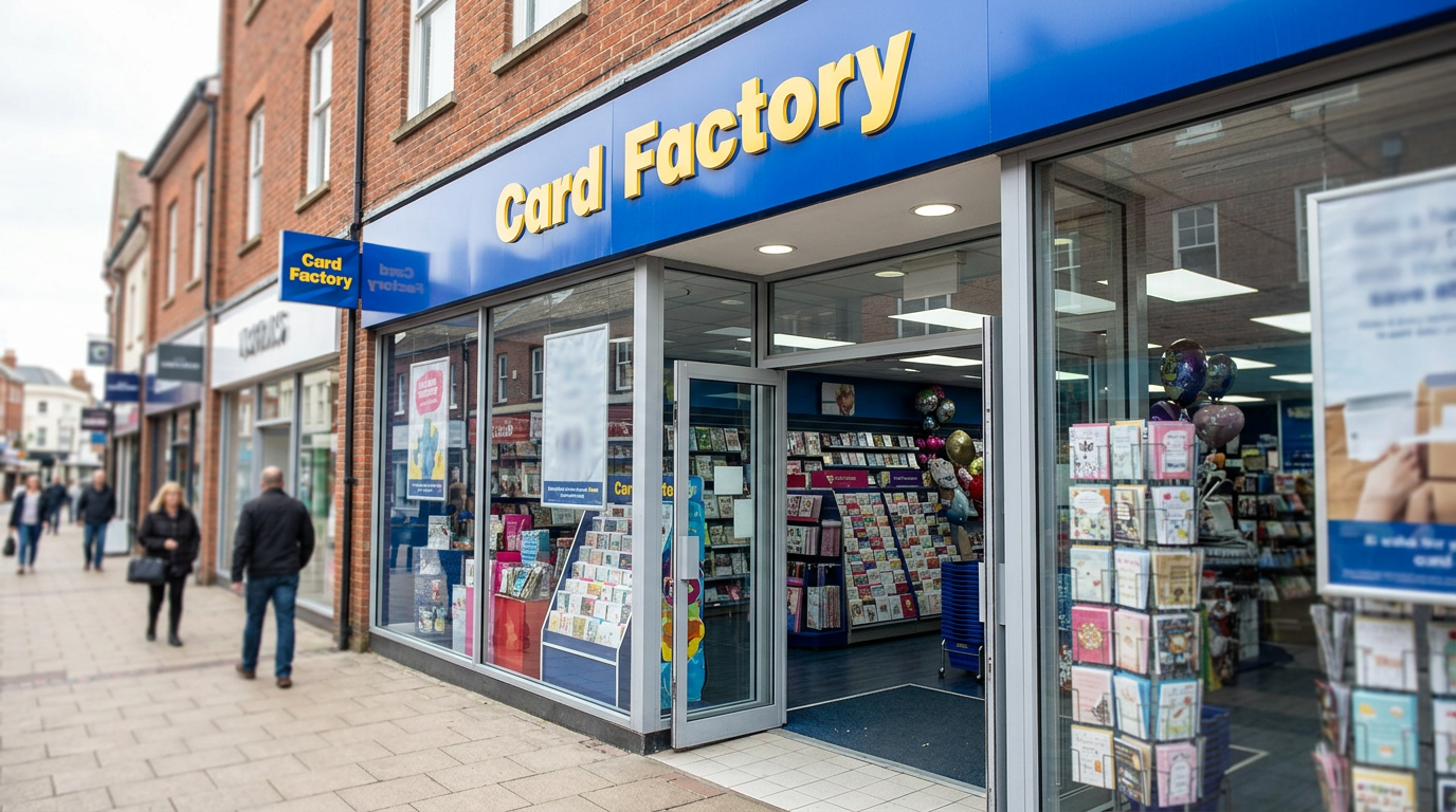 The image features a Card Factory store front, showcasing its recognizable blue fascia with large yellow lettering. The entrance is clearly visible, with greeting cards displayed prominently behind the glass, set in a retail environment that implies a bustling high street or shopping center atmosphere.