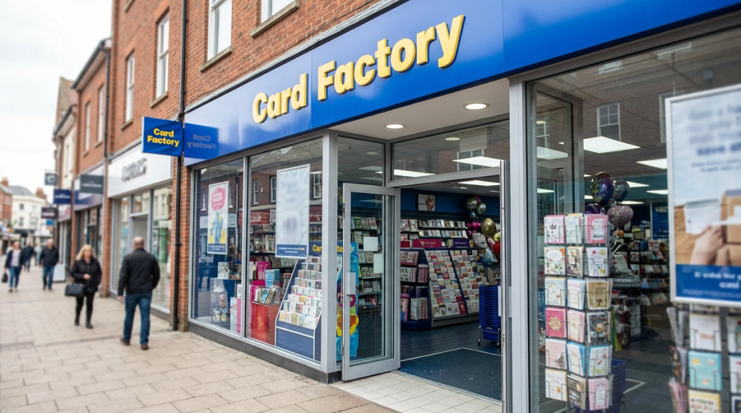 The image features a Card Factory store front, showcasing its recognizable blue fascia with large yellow lettering. The entrance is clearly visible, with greeting cards displayed prominently behind the glass, set in a retail environment that implies a bustling high street or shopping center atmosphere.