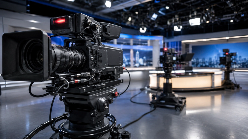 The image depicts a television studio setup featuring a professional camera and studio lights. The background includes a well-lit news desk with a city skyline displayed on the screen.