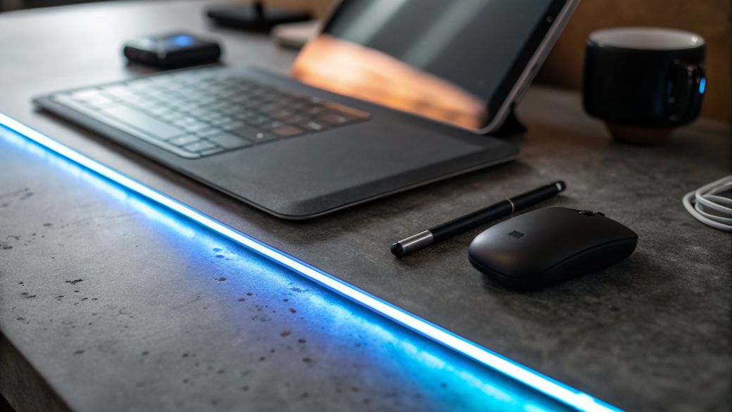 An office desk setup featuring a laptop, tablet, and a sleek array of desk accessories. The desk is illuminated with blue LED lighting, creating a modern and tech-savvy atmosphere.