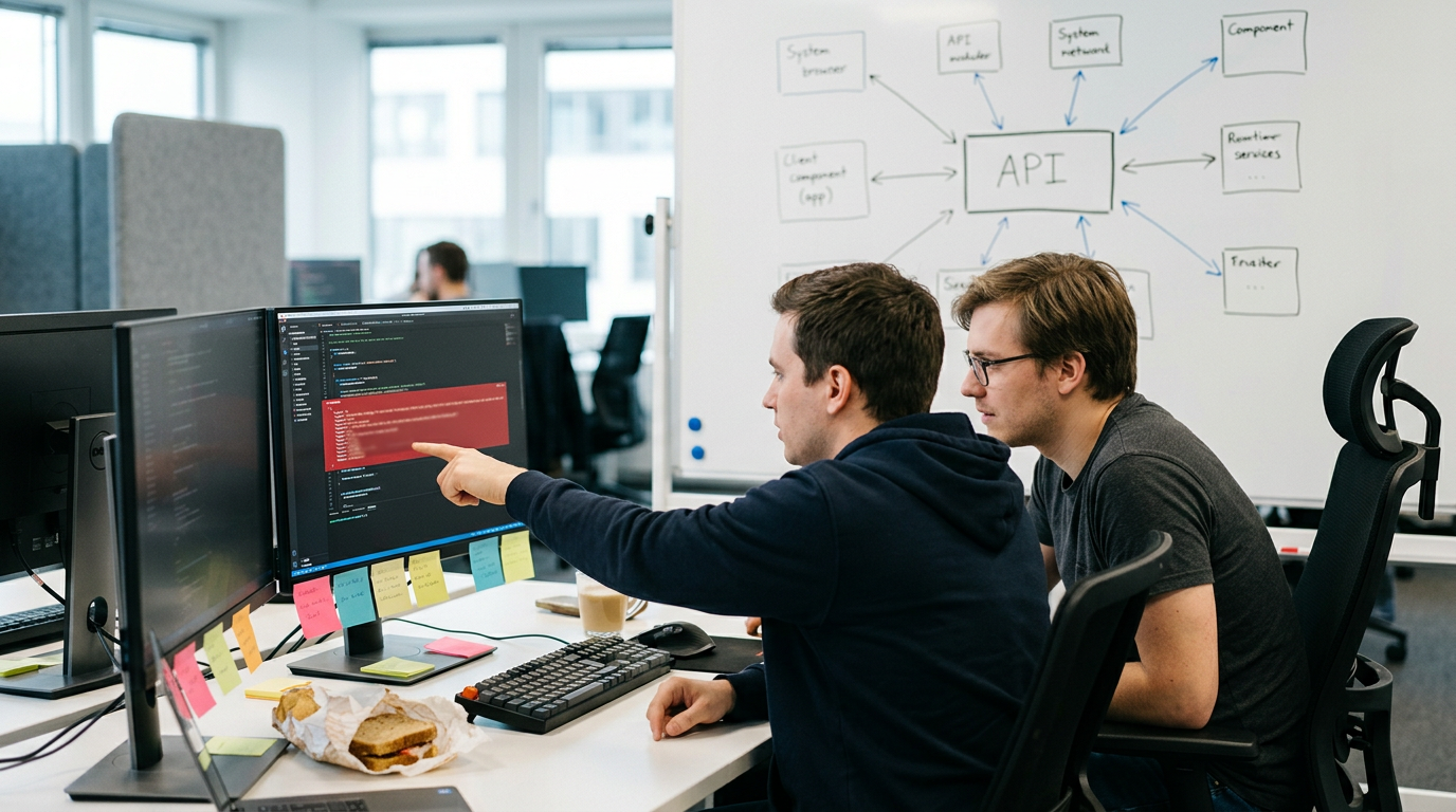 The image depicts two developers engaged in a debugging session at a shared desk in a modern open-plan office. One developer is pointing at an API error response displayed on the screen, while the other leans in to examine the issues closely, with a hand-drawn architecture diagram on the whiteboard behind them illustrating the API's role in the system.