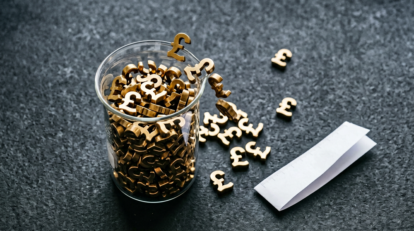 The image features a clear glass measuring beaker filled with a mound of small, polished brass pound sterling symbols (£) that spill over the rim onto a matte charcoal surface. The scattered symbols vary in position, with some balanced precariously and others lying flat, creating a surreal tableau that visually represents currency and value.