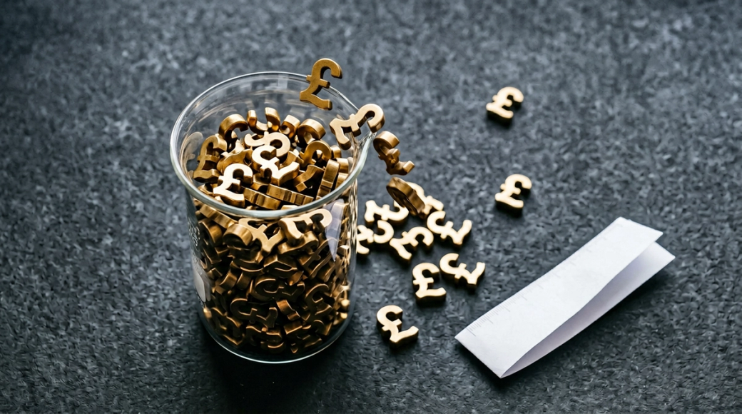 The image features a clear glass measuring beaker filled with a mound of small, polished brass pound sterling symbols (£) that spill over the rim onto a matte charcoal surface. The scattered symbols vary in position, with some balanced precariously and others lying flat, creating a surreal tableau that visually represents currency and value.
