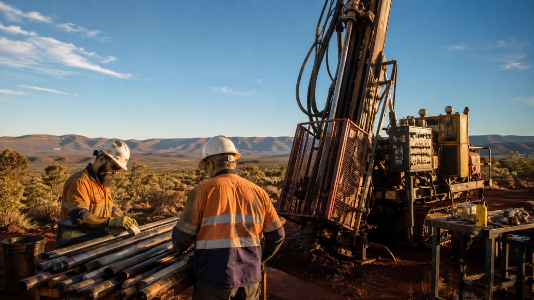 Two workers in safety gear are operating drilling equipment in a rugged outdoor setting with mountains in the background. The scene captures the exploration or mining process in a remote area.